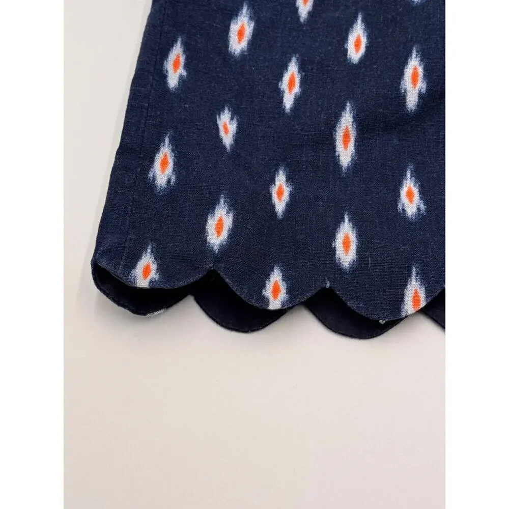 J.Crew Navy Ikat Print Mini Skirt Scalloped Hem Linen Cotton Women's 8